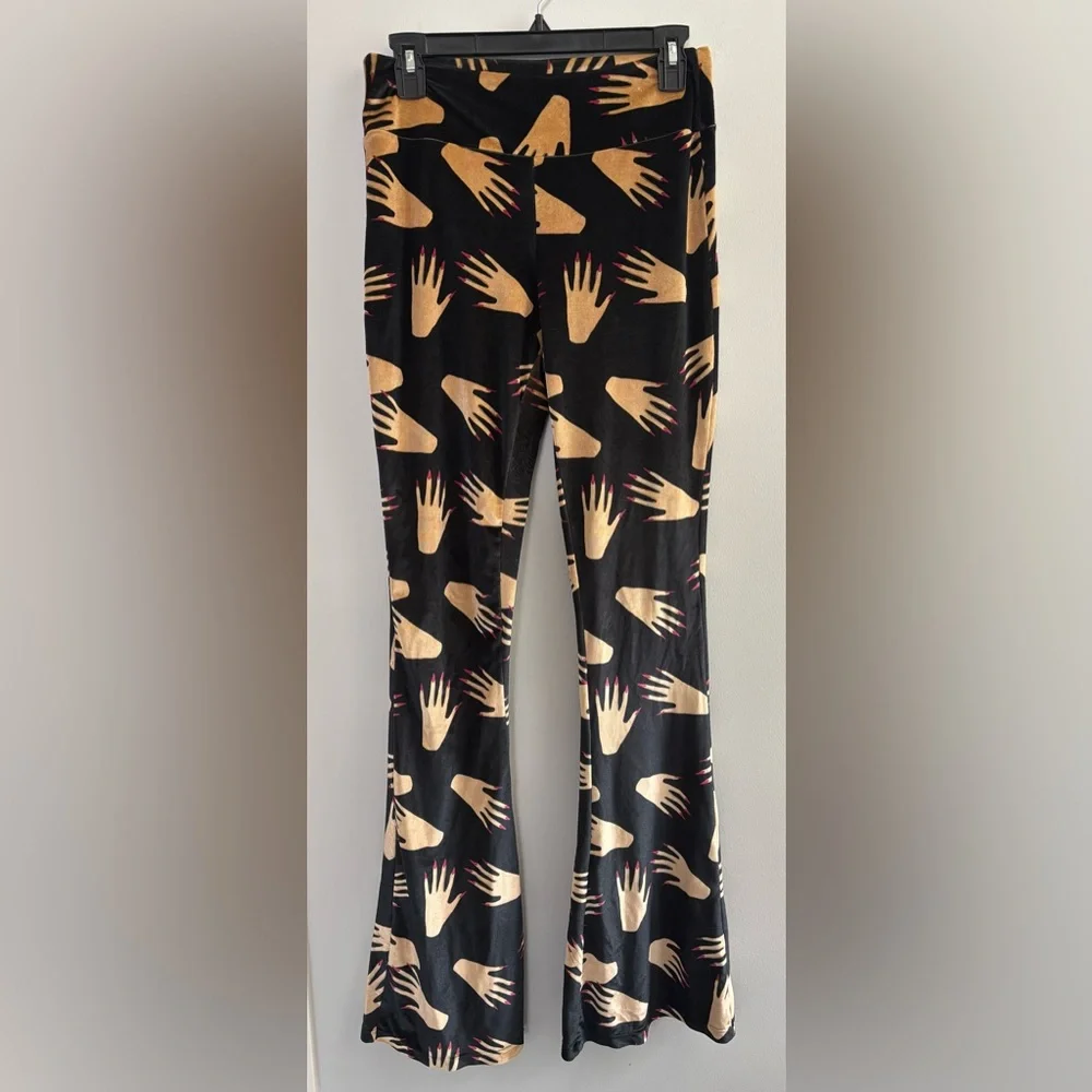 Tigresse by Renata Figueiredo crushed velvet flared sweats w hand/red nail print
